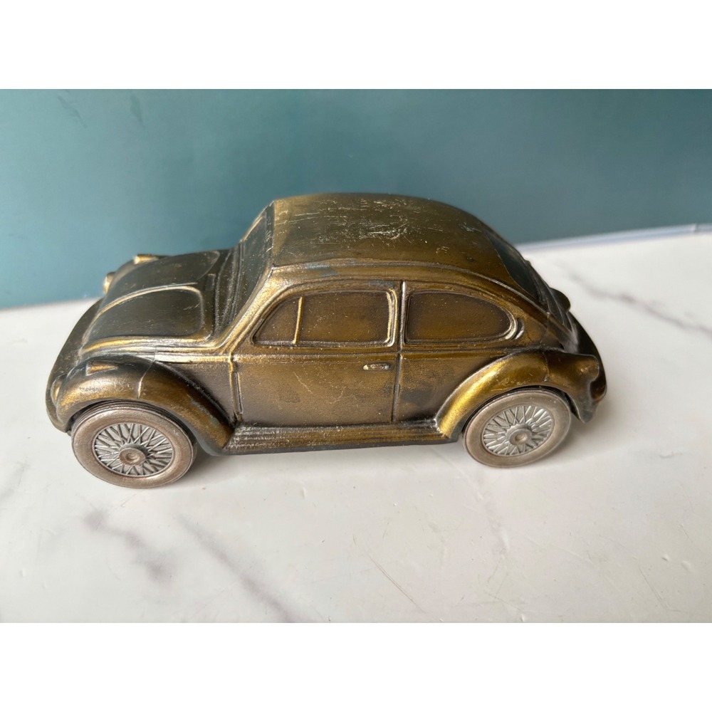 Vintage Banthrico 1977 VW Beetle Metal Coin Bank Gold Brass Tone Chicago USA